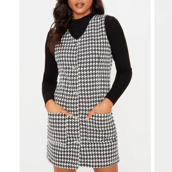 PrettyLittleThing micro chrome houndstooth check denim mini dress NWT size US 4 - Picture 1 of 14